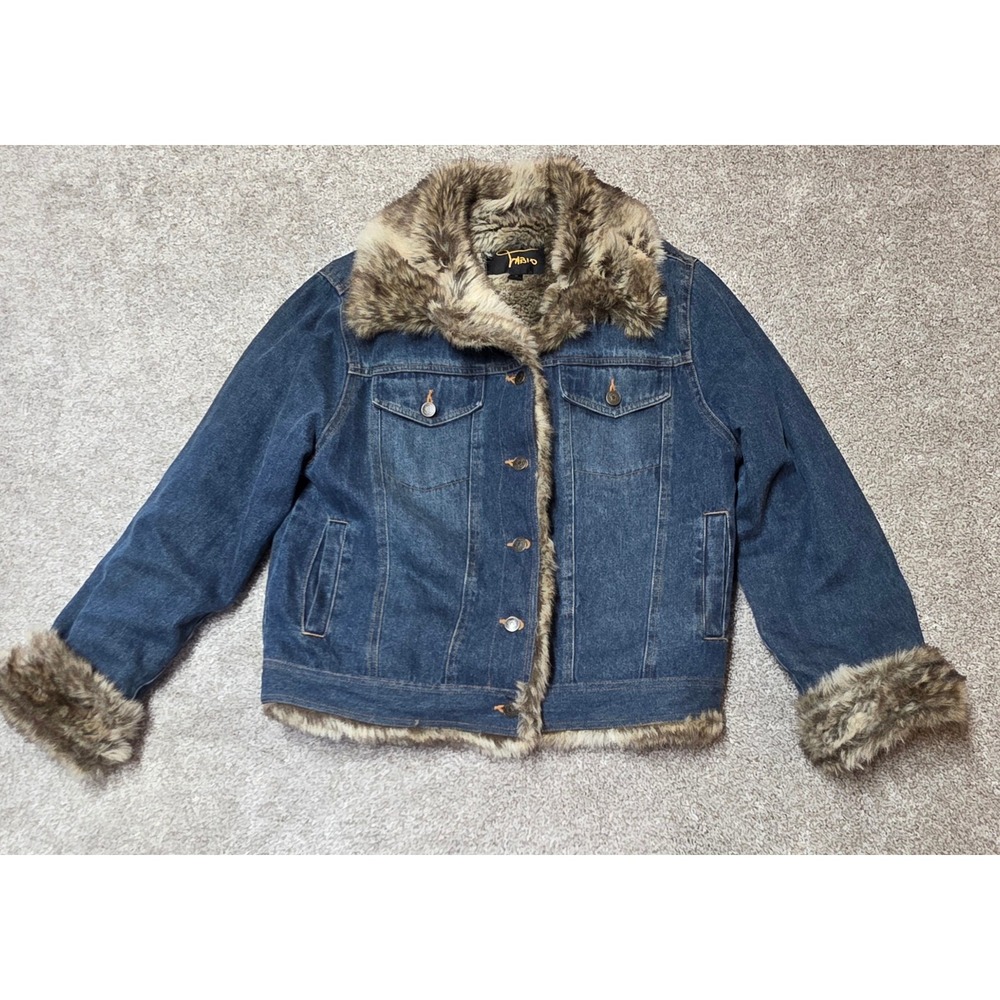 Fabio Faux Fur Trim Denim Jacket Womens Medium Blue Jean Coat Faux Fur Lined
421